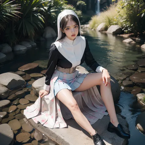 (full body:2)，(1girl:1.3),(view the viewer:1.4)，(anatomy correct:1.45),(Sitting by the creek,:1.35),Polished metal pantyhose:2),(A mature and sensual woman Wear printed fantasy nun suit JK student uniform pleated skirt and polished JK uniform leather shoes...