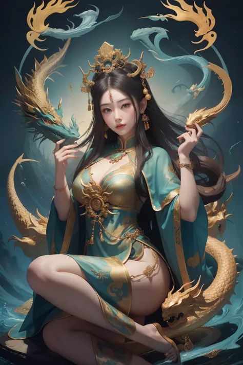 an ancient Chinese goddess, guanyin of the southern seas, Guanyin, Inspired by China, Avalokiteshvara rides a dragon，,Serene expression,shui mo hua,Buddha,Buddhist,Lotus,Chinese painting style,Thangka style