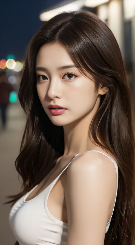 ((Realistic lighting, Best quality, 8K, Masterpiece: 1.3)), Clear focus: 1.2, 1girl, Perfect Figure: 1.4, Slim Abs: 1.1, ((Dark brown hair)), (White crop top: 1.4), (Outdoor, Night: 1.1), City streets, Super fine face, Fine eyes, Double eyelids,