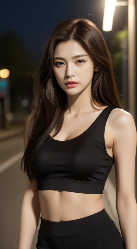 ((Realistic lighting, Best quality, 8K, Masterpiece: 1.3)), Clear focus: 1.2, 1girl, Perfect Figure: 1.4, Slim Abs: 1.1, ((Dark brown hair)), (Bare midriff: 1.4), (Outdoor, Night: 1.1), City streets, Super fine face, Fine eyes, Double eyelids,