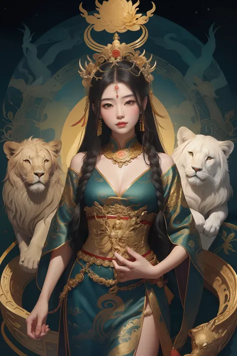 an ancient Chinese goddess, guanyin of the southern seas, Guanyin, Inspired by China, Avalokiteshvara rides a lion，,Serene expression,shui mo hua,Buddha,Buddhist,Lotus,Chinese painting style,Thangka style