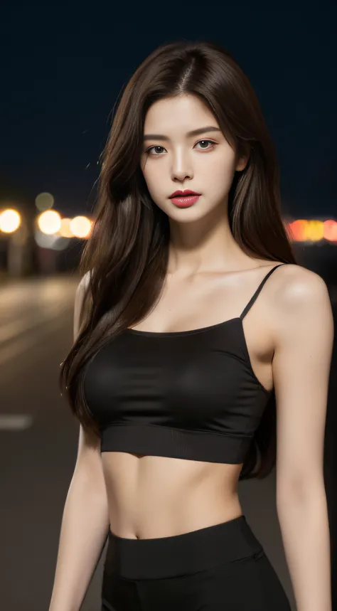 ((Realistic lighting, Best quality, 8K, Masterpiece: 1.3)), Clear focus: 1.2, 1girl, Perfect Figure: 1.4, Slim Abs: 1.1, ((Dark brown hair)), (Bare midriff: 1.4), (Outdoor, Night: 1.1), City streets, Super fine face, Fine eyes, Double eyelids,