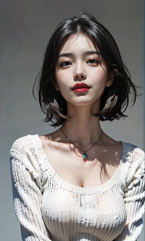 (Best quality, 8k, 32k, Masterpiece, UHD:1.2),Pretty korean woman photo, big breasts, very short short hair, upper body,(oversized_sweater,:1.1) necklace, simple background, tour, smile