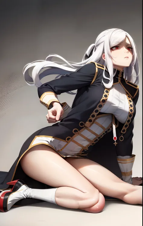 white hair,red eyes,scared expression,on the knees,erms tied behind,pulling head to male penis