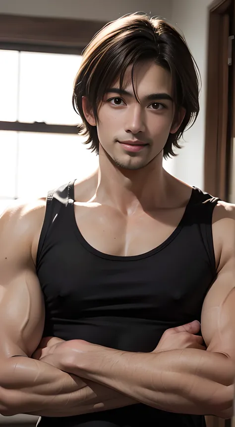 ((Men only)), (head shot), (face only), (handsome muscular man in his 20s), (Leon Kennedy), (white tank top), (Mischievous smile), (detaile: 1 in 1), Natural muscles, HIG quality, beautidful eyes, (Detailed face and eyes), (Face、: 1 / 2), Noise, Real Photo...