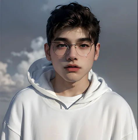 (masterpiece:1.2), (best quality:1.2), hyper realistic,highestres,absurdres,extremely detailed,volumetic,dramatic lighting,(frontal view),
20 year old boy,face,detailed eyes, white hoodie, black t-shirt, with background ((sky))