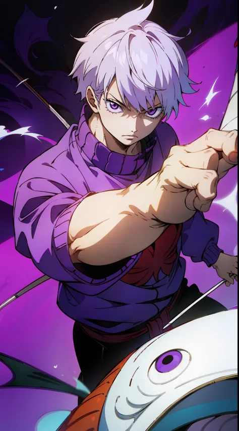 (chico con el pelo blanco estilo ken kaneki, purple eyes, purple sweater) contento pescando en un rio