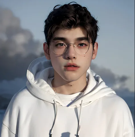 (masterpiece:1.2), (best quality:1.2), hyper realistic,highestres,absurdres,extremely detailed,volumetic,dramatic lighting,(frontal view),
20 year old boy,face,detailed eyes, white hoodie, black t-shirt, with background ((sky))