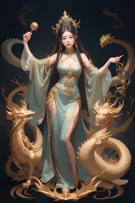 an ancient Chinese goddess, guanyin of the southern seas, Guanyin, Inspired by China, Avalokiteshvara rides a dragon，,Serene expression,shui mo hua,Buddha,Buddhist,Lotus,Chinese painting style,Thangka style