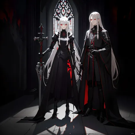 Long White hair, red eyes, male, full body looking at the camera, black metal armor, standing in a hauntingly lit Gothic Cathedral, holding a large black sword covered in runes and occult symbols, realistic, 8k, HD, masterpiece quality,