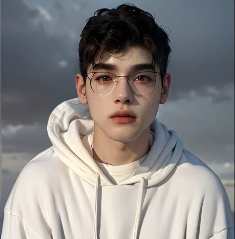 (masterpiece:1.2), (best quality:1.2), hyper realistic,highestres,absurdres,extremely detailed,volumetic,dramatic lighting,(frontal view),
20 year old boy,face,detailed eyes, white hoodie, black t-shirt, with background ((sky))