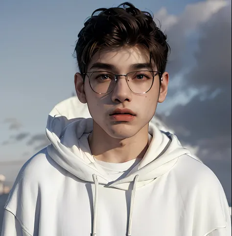 (masterpiece:1.2), (best quality:1.2), hyper realistic,highestres,absurdres,extremely detailed,volumetic,dramatic lighting,(frontal view),
20 year old boy,face,detailed eyes, white hoodie, black t-shirt, with background ((sky))