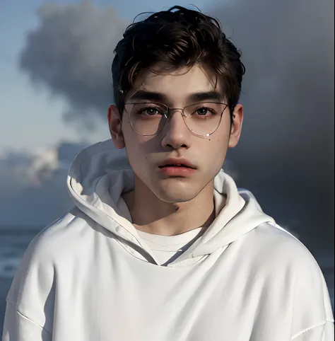 (masterpiece:1.2), (best quality:1.2), hyper realistic,highestres,absurdres,extremely detailed,volumetic,dramatic lighting,(frontal view),
20 year old boy,face,detailed eyes, white hoodie, black t-shirt, with background ((sky))