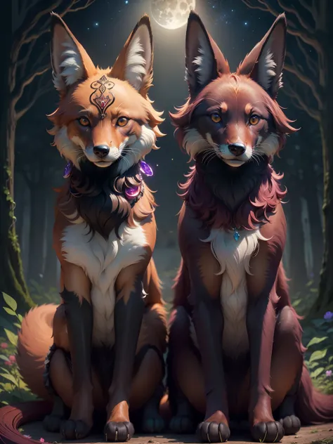 a very cute, (maned wolf cat forest fox hybrid animal), solid rich deep brown fur color, very dark forest trail, multi-shades of maroon night flowers that border the trail, wearing a glowing enchanted gemmed collar with bioluminescent blue diamond collar p...