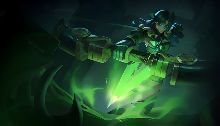 a close up of a person holding a sword in a dark room, amazing portrait of viego, official splash art, splash art, iconic character splash art, glowing green soul blade, leblanc, female lucio, character splash art, akali, wallpaper splash art promo art, ge...