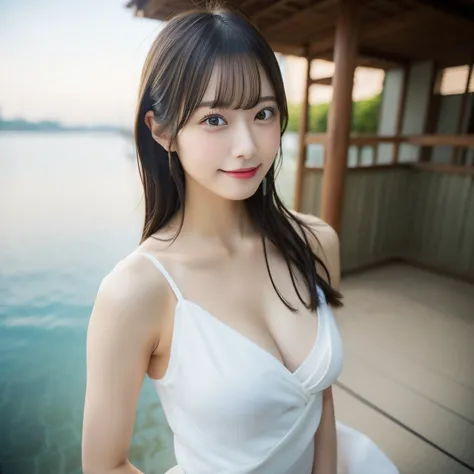 Close up portrait of woman in blue camisole walking by the sea、Japan Person Model、Young Sensual Gravure Idol、Young cute gravure idol、Realistic Young Gravure Idol、Realistic sensual gravure idol、Young gravure idols、sophisticated gravure idol、奈良美智、Young skinn...