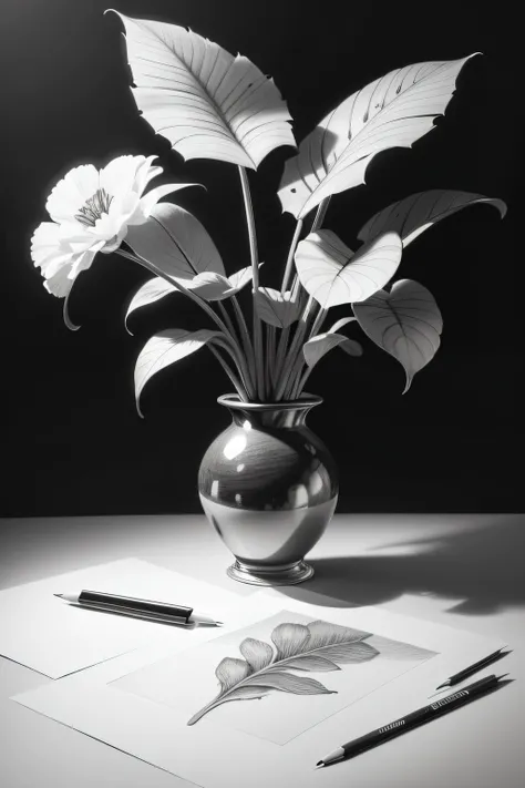 detailed pencil drawing of plants in black and white without background