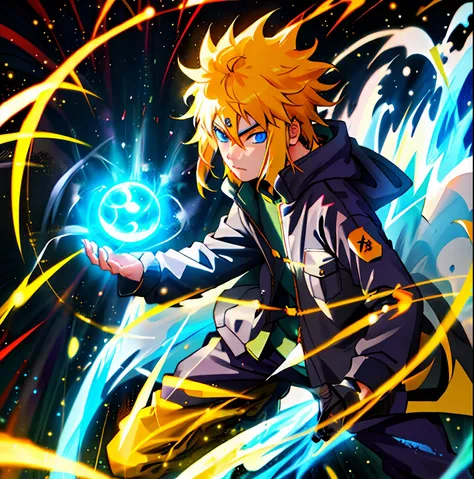 1人，spiked hair，Yellow hair，Energy blue ball with particles，Black orange tracksuit，Forehead protector，White long-sleeved raincoat，rios，Yellow light lightning，the night，eBlue eyes，actionpose