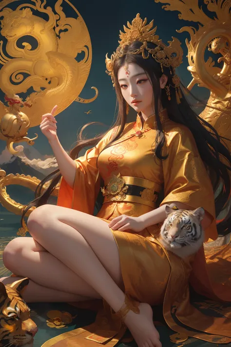 an ancient Chinese goddess, guanyin of the southern seas, Guanyin, Inspired by China, Avalokiteshvara rides a tiger，,Serene expression,shui mo hua,Buddha,Buddhist,Lotus,Chinese painting style,Thangka style