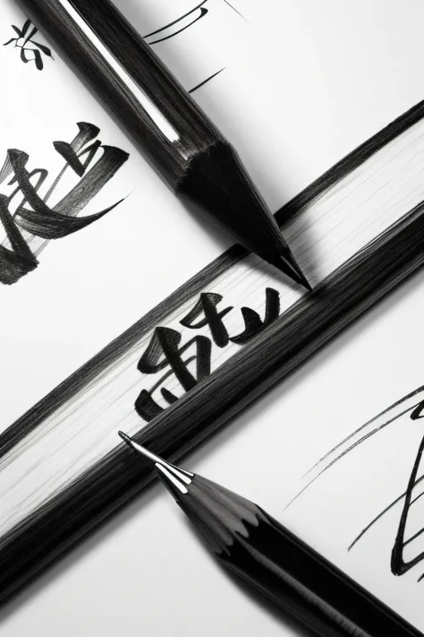 detailed drawing of japanese letters in pencil in black and white without background