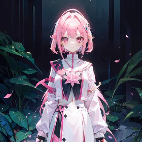 Pink hair，Pink and white clothes，Its the nine-tailed fox girl，It has pink fox ears，It has elements that reflect his identity as a nine-tailed fox