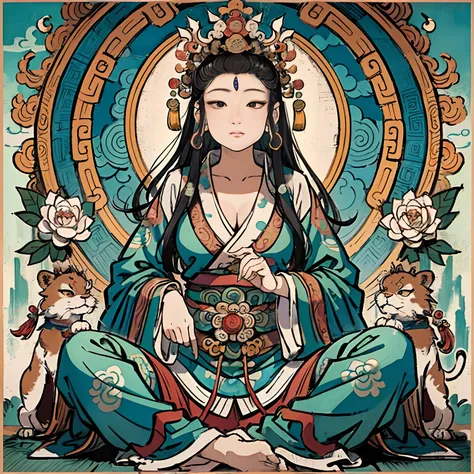 an ancient Chinese goddess, guanyin of the southern seas, Guanyin, Inspired by India, Avalokiteshvara Bodhisattva Lion，,Serene expression,shui mo hua,Buddha,Buddhist,Lotus,Chinese painting style,Thangka style