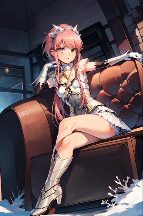 Masterpiece,Best quality, 1girll, Solo, Indoors, fireplace, Sitting, Crossed legs, view the viewer, medb (fate), head gear, White elbow gloves, White skirt, White boots, Armor,