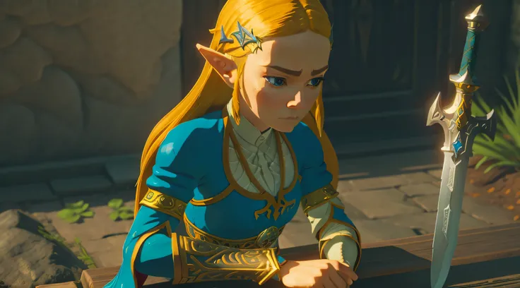 zelda, 1 female, holding sword, resting face, sad0.7, sorrow0.8, perfect, face-highly detailed, looking down, masterpiece,  ray tracing