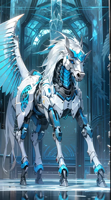 A white horse and blue horse with blue eyes, sliver ice color reflected armor, blue and ice silver color armor, Ice crystal armor, silver cyber armor, cyborg wing, Mecha wings, shiny hi tech armor, mecha animal, ornate exoskeleton, white metal neocubism ar...