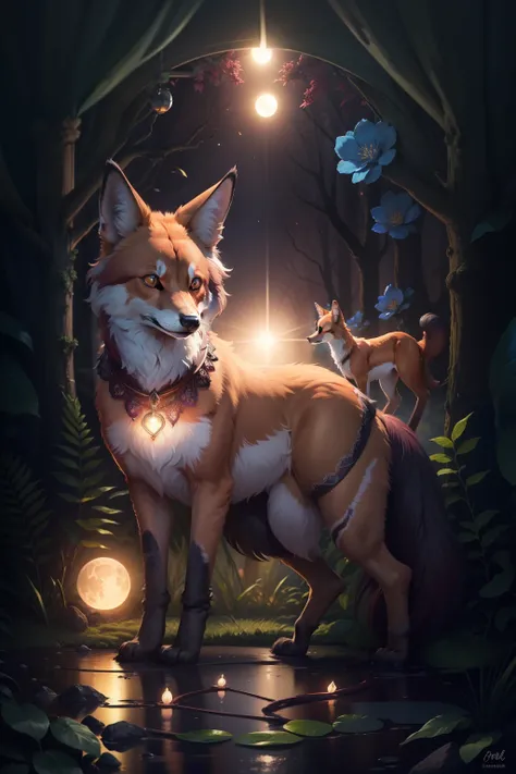 with four legs, a very cute, (maned wolf cat forest fox hybrid animal), solid rich deep brown fur color, very dark forest trail, multi-shades of maroon night flowers that border the trail, wearing a glowing enchanted gemmed collar with bioluminescent blue ...