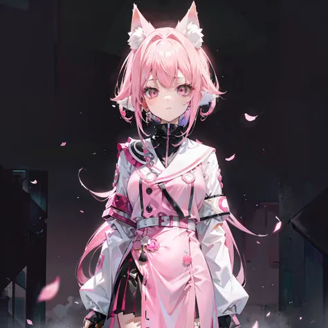 Pink hair，Pink and white clothes，Its the nine-tailed fox girl，It has pink fox ears，It has elements that reflect his identity as a nine-tailed fox