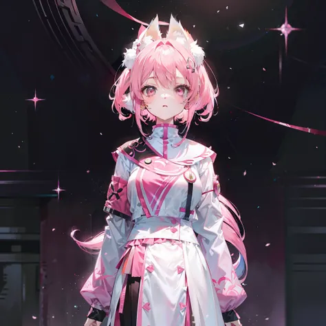 Pink hair，Pink and white clothes，Its the nine-tailed fox girl，It has pink fox ears，It has elements that reflect his identity as a nine-tailed fox