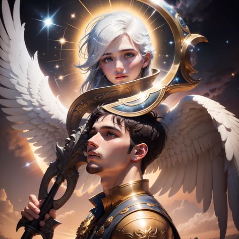 Um anjo masculino em uma nuvem cheia de estrelas e nuvens ao sol, segurando uma espada apontada para a terra e com asas brancas, in high definition.