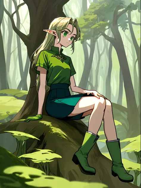 Western Phantom Elves(female pervert)，One guy，Beth，Sitting，Green boots，green-shirt，Green and white want to add a short skirt，No underskirt，Delicate facial features，eighteen years old，Green forest in background