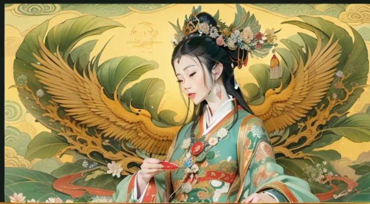 uma antiga deusa chinesa, Guanyin dos Mares do Sul, Guanyin, Inspirado na China, Avalokiteshvara rides a phoenix，,serene expression,Shui Mo Hua,Buda,budista,lotuses,Estilo de pintura chinesa,Estilo Thangka