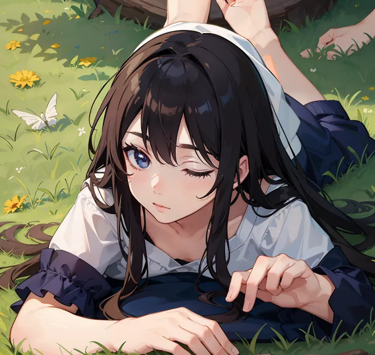 1girl,laying,laying_on_the_grass,grass,under_the_tree,a_hand_caresses_her_hair,sleep,peaceful_atmosphere,focus_to_her_face,up_view