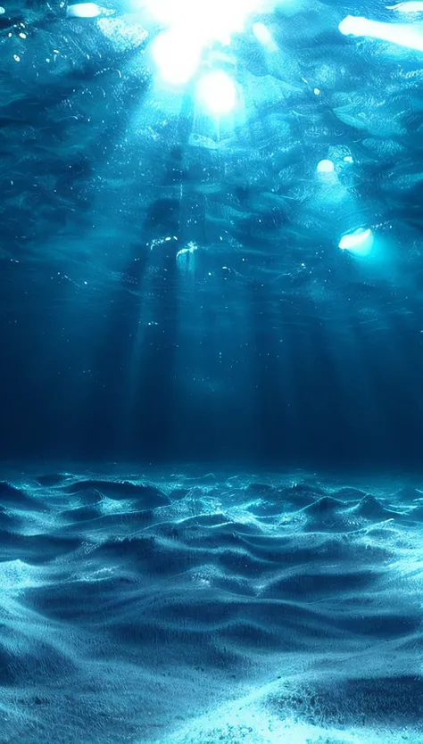 The sun shines through the surface of the water in the deep blue ocean, ocean floor, underwater ocean, (((Underwater lights))), Under water, ocean floor, underwater view, photo of the middle of the ocean, Deep sea pictures, Underwater, deep underwater, aby...