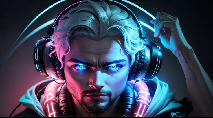 zeus com olhos de neon com headphones 8k