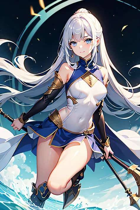 top-quality、depth of fields、Dainty woman、22 years、small tits、with blush cheeks、Beautiful glowing skin、Blue eyes、white  hair、poneyTail、Blue Pony Hook、Bare shoulders、Navel Ejection、Purple suit、Light armor、Leather Breast Plate、Armor Armor、pleatedskirt、Armor a...