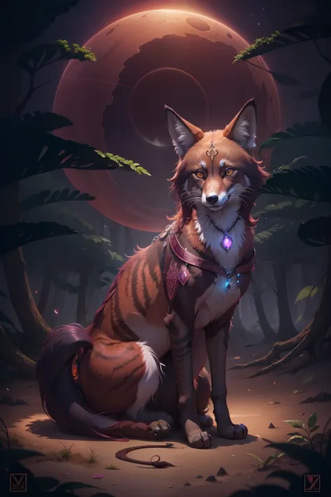 with four legs, a very cute, (maned wolf cat forest fox hybrid animal), solid rich deep brown fur color, very dark forest trail, multi-shades of maroon night flowers that border the trail, wearing a glowing enchanted gemmed collar with bioluminescent blue ...