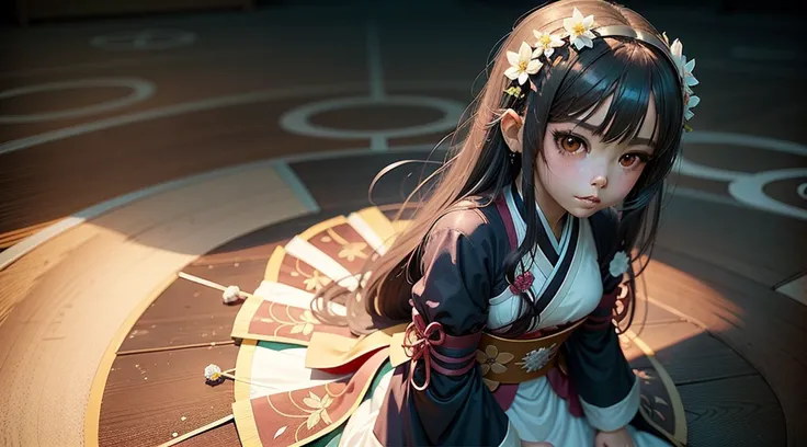 Um personagem de anime de uma mulher vestida em Hanfu，Desgaste longo, roupas fluentes，design de personagens de anime bonito，visual anime de uma menina bonito，kantai collection style，estilo de arte moe anime，small curvaceous loli，Chen Jiru，menina pequena lo...