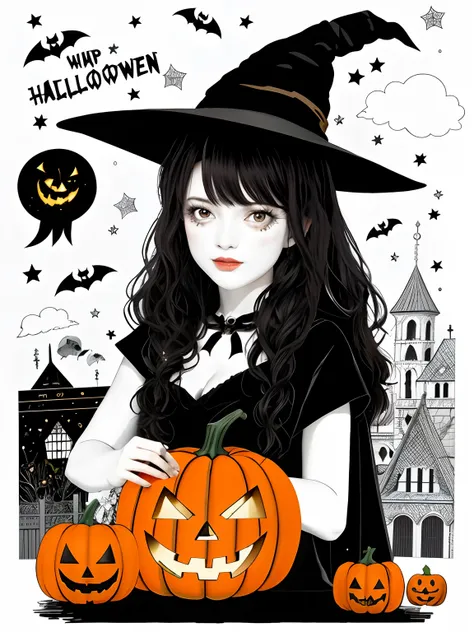 uma mulher em uma fantasia de bruxa (sorrindo) holding a pumpkin and a black hat, Halloween Estilo de Arte, menina bruxa, Retrato de uma jovem bruxa, beautiful witch spooky female, beautiful witch female, Em um estilo de Halloween, classical witch, bruxa f...