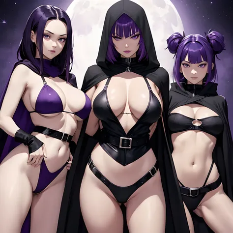 raven horny,xnxx, big boobs, without clothes, black leotard, black cape, hood, purple hair, forehead jewel, purple eyes, short hair, belt, skin tight, standing, cleavage, toned, breasts, pose, night, moonlight, ((posing)), motion lines, torso, upper hot bo...