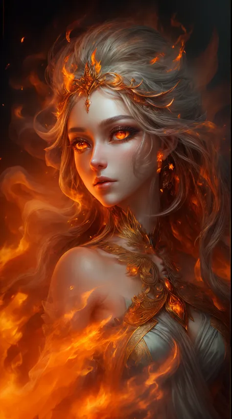 This is a realistic fantasy artwork prominently featuring realistic fire, including wisps of flames, glowing hot embers, subtle curls of smoke, and a beautiful fire druid. The druid stands in the midst of a raging inferno with an interesting composition. H...