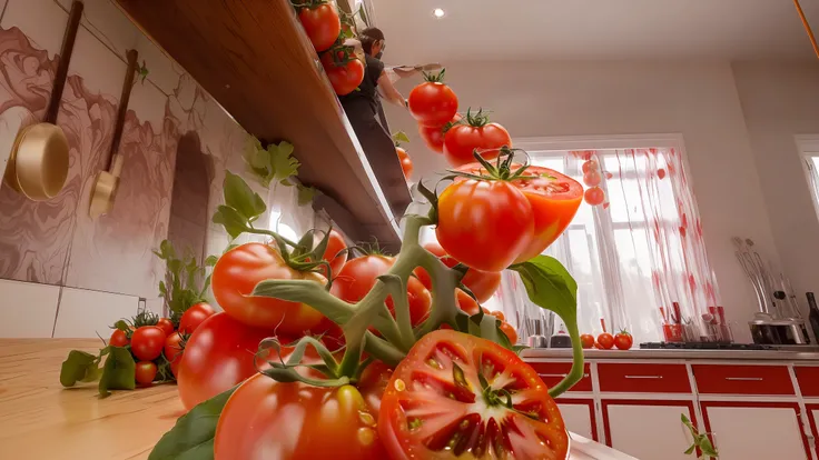 Theres a tomato juice slide where animated tomatoes glide, fotorealista, Integrate the rendered elements into the photographic environment in terms of textures, luz, contraste y foco