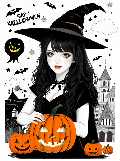 uma mulher em uma fantasia de bruxa (sorrindo) holding a pumpkin and a black hat, Halloween Estilo de Arte, menina bruxa, Retrato de uma jovem bruxa, beautiful witch spooky female, beautiful witch female, Em um estilo de Halloween, classical witch, bruxa f...