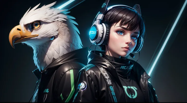 Neon-eyed eagle with 8K headphones