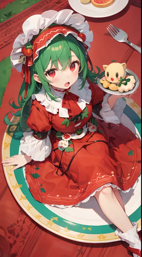 White tray、girl with、little man、Red eyes、Green hair、outfits：Tomato、Cosplay：Tomato、plushies、red outfit（（Dwarf sitting on a plate：1.8））、kawaii、be frightened、tremble for