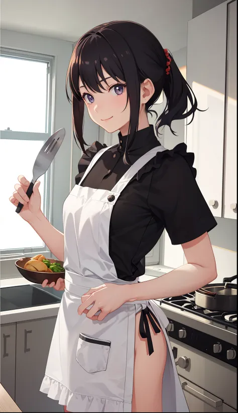 1girl in、A smile、Cooking in your room、barechested、Wearing only an apron、（（small tits））、