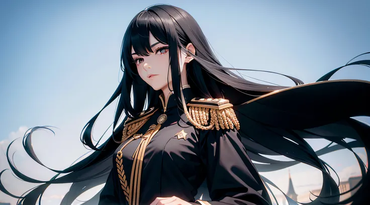 Transcendent beautiful girl with long black hair dressed as a man in male uniform